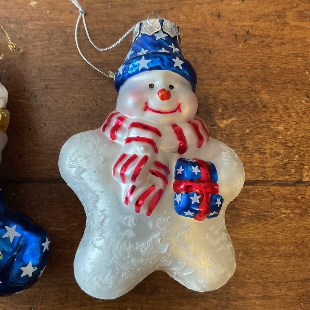 Glass Blown Christmas Ornament Dog In Stocking & Snowman Patriotic, USA Lot 2 - Picture 3 of 6